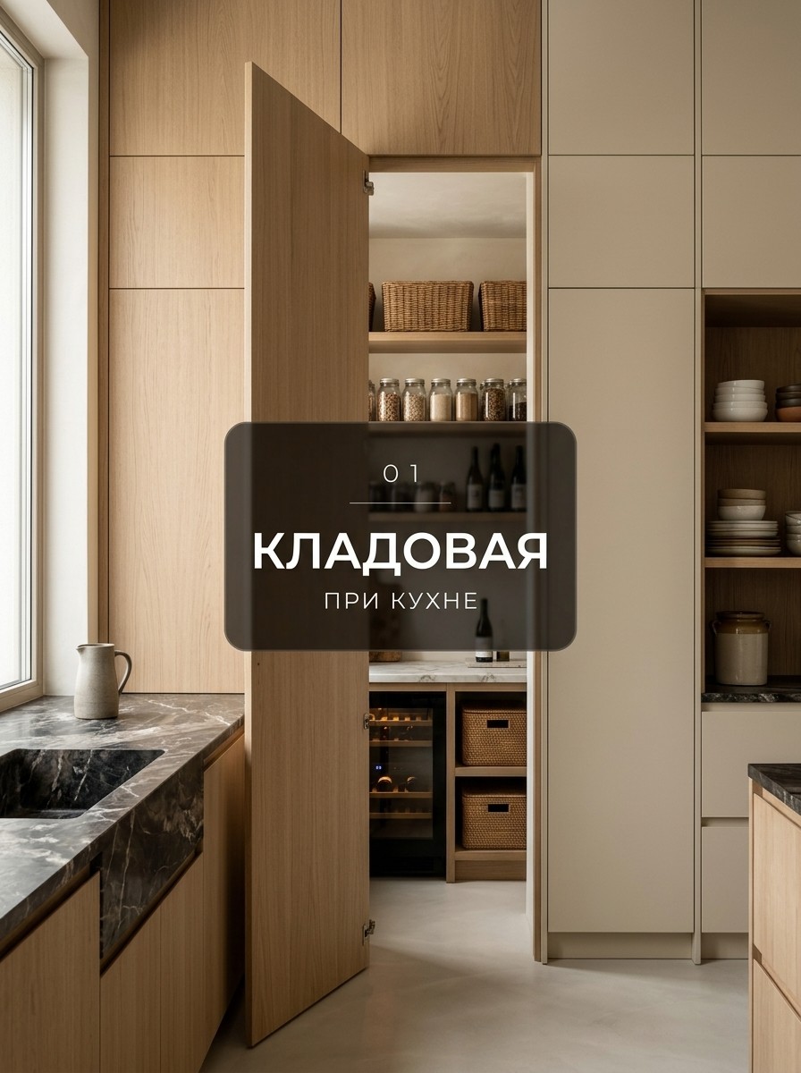 Кладовая при кухне за дверью в цвет фасадов с полками до потолка
