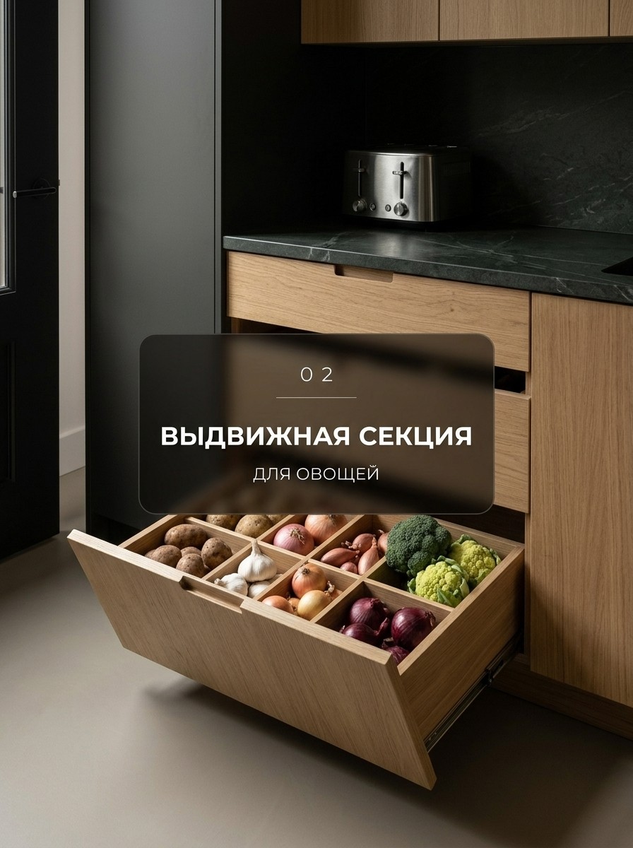 Выдвижная секция для овощей с деревянными перегородками внутри ящика