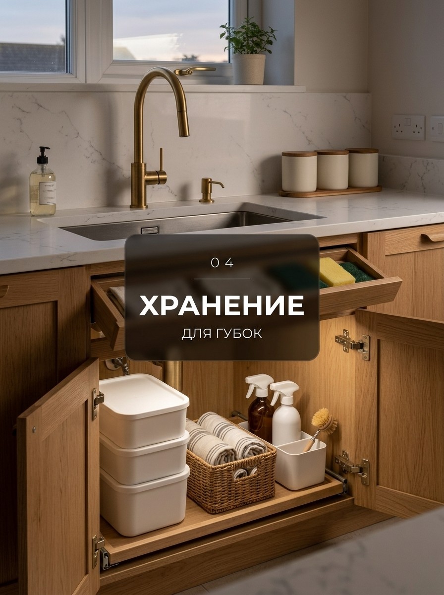 Откидная панель для губок и выкатная полка с бытовой химией под раковиной