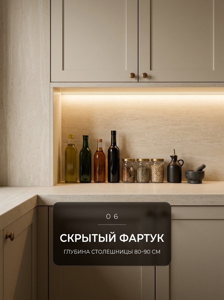 Скрытый фартук с подсветкой и бутылками масла в нише над столешницей