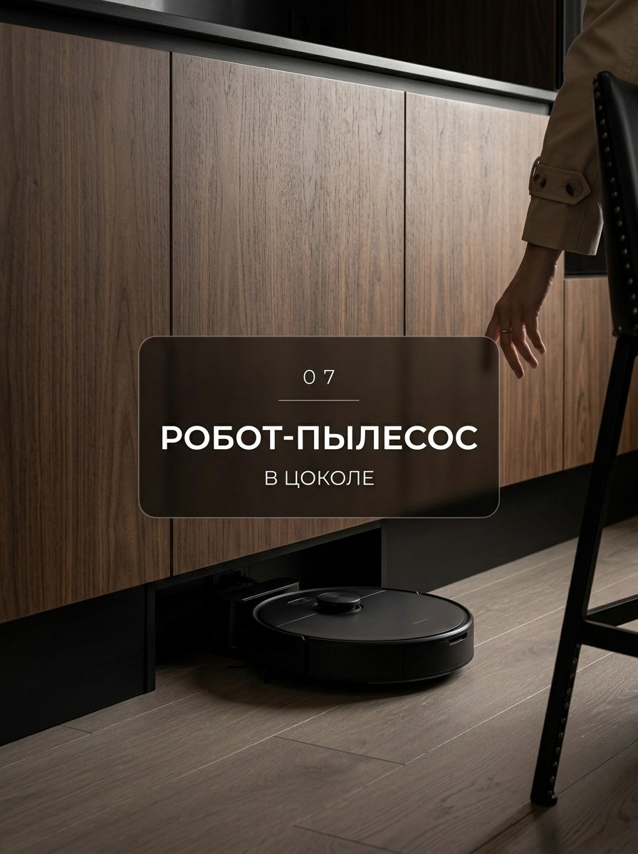 Хранение робота-пылесоса в открытой нише под шкафами гарнитура