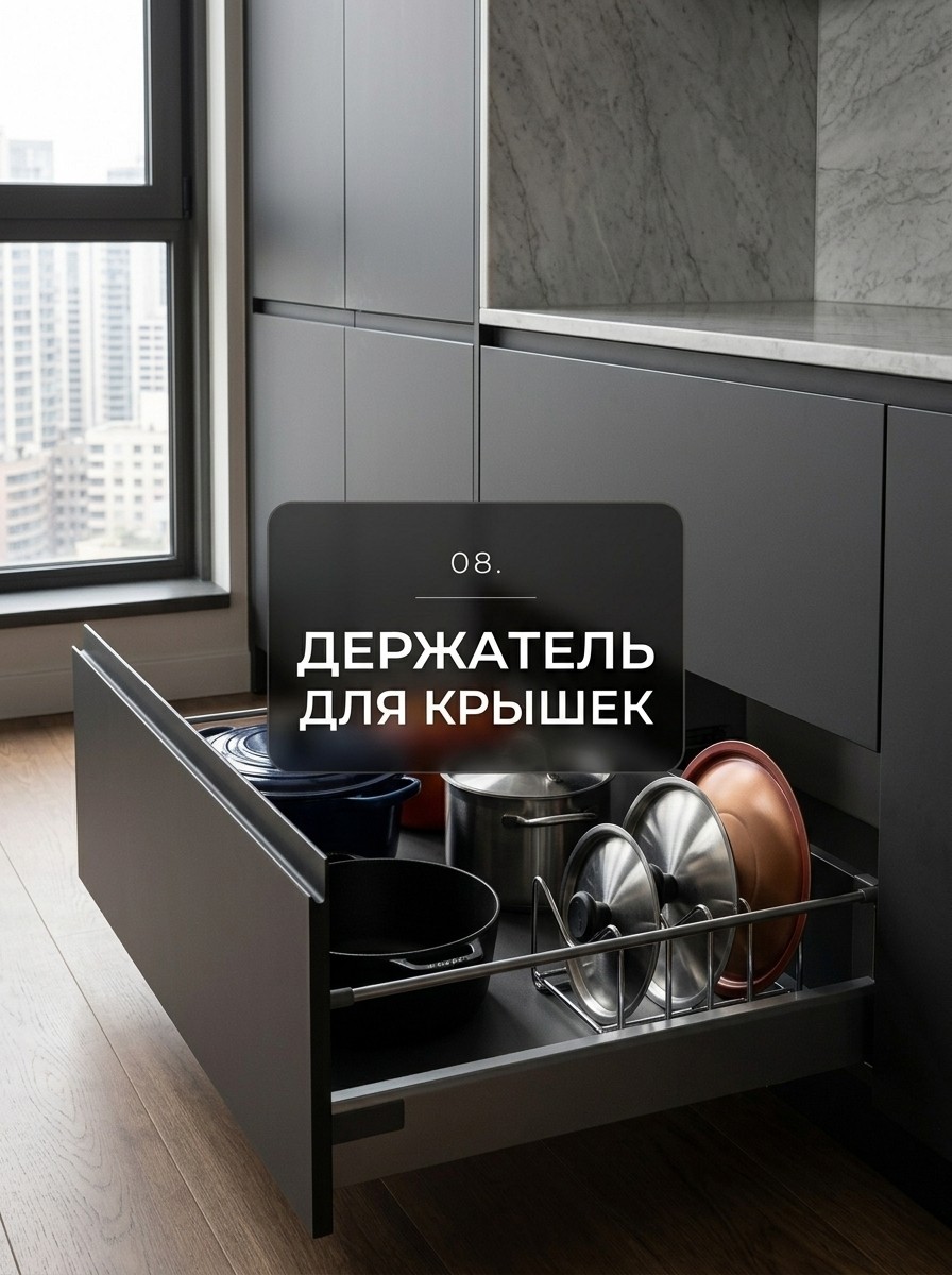 Держатель для крышек от кастрюль в широком выдвижном ящике