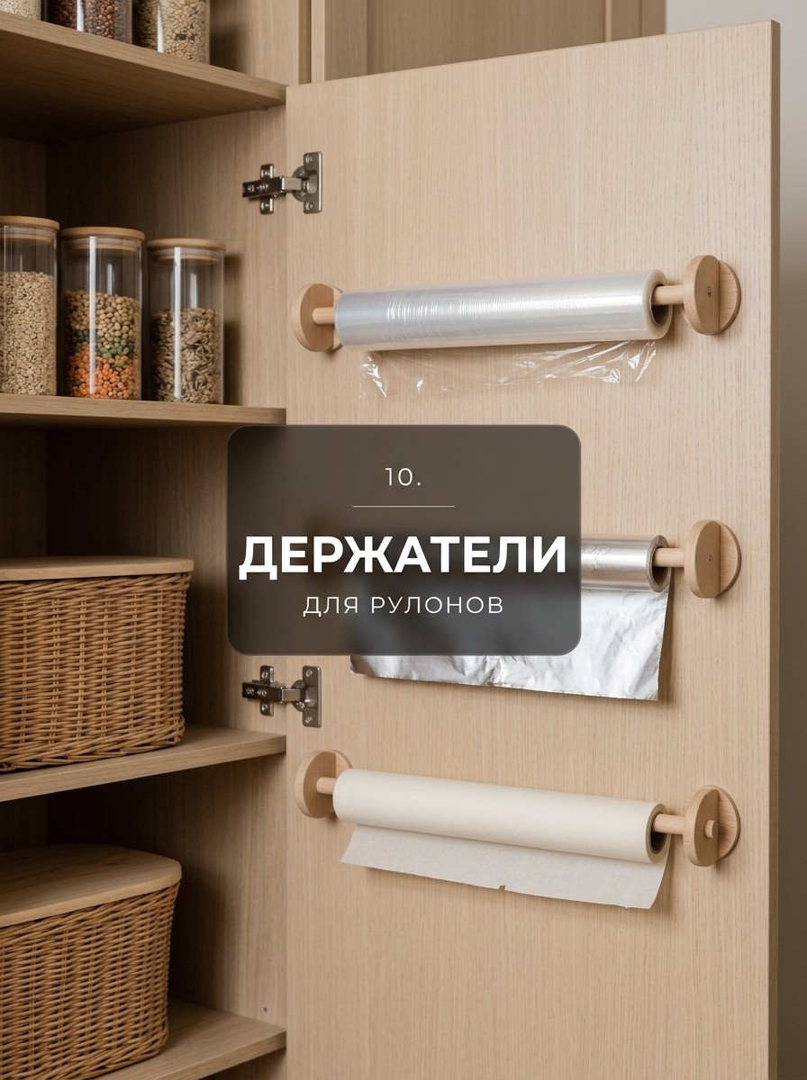 Хранение пленки и фольги на кухне на внутренней стороне дверцы