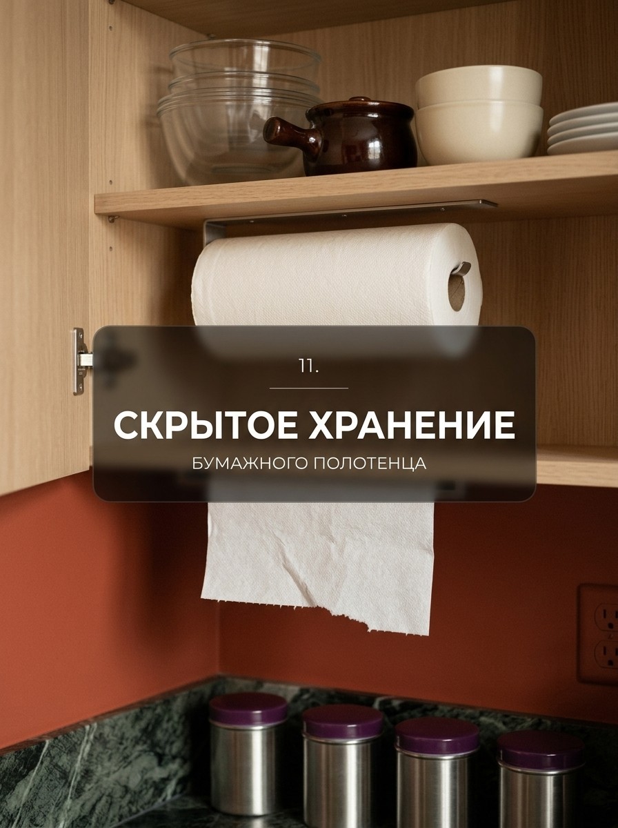 Скрытое хранение бумажных полотенец на кухне под полкой навесного шкафа