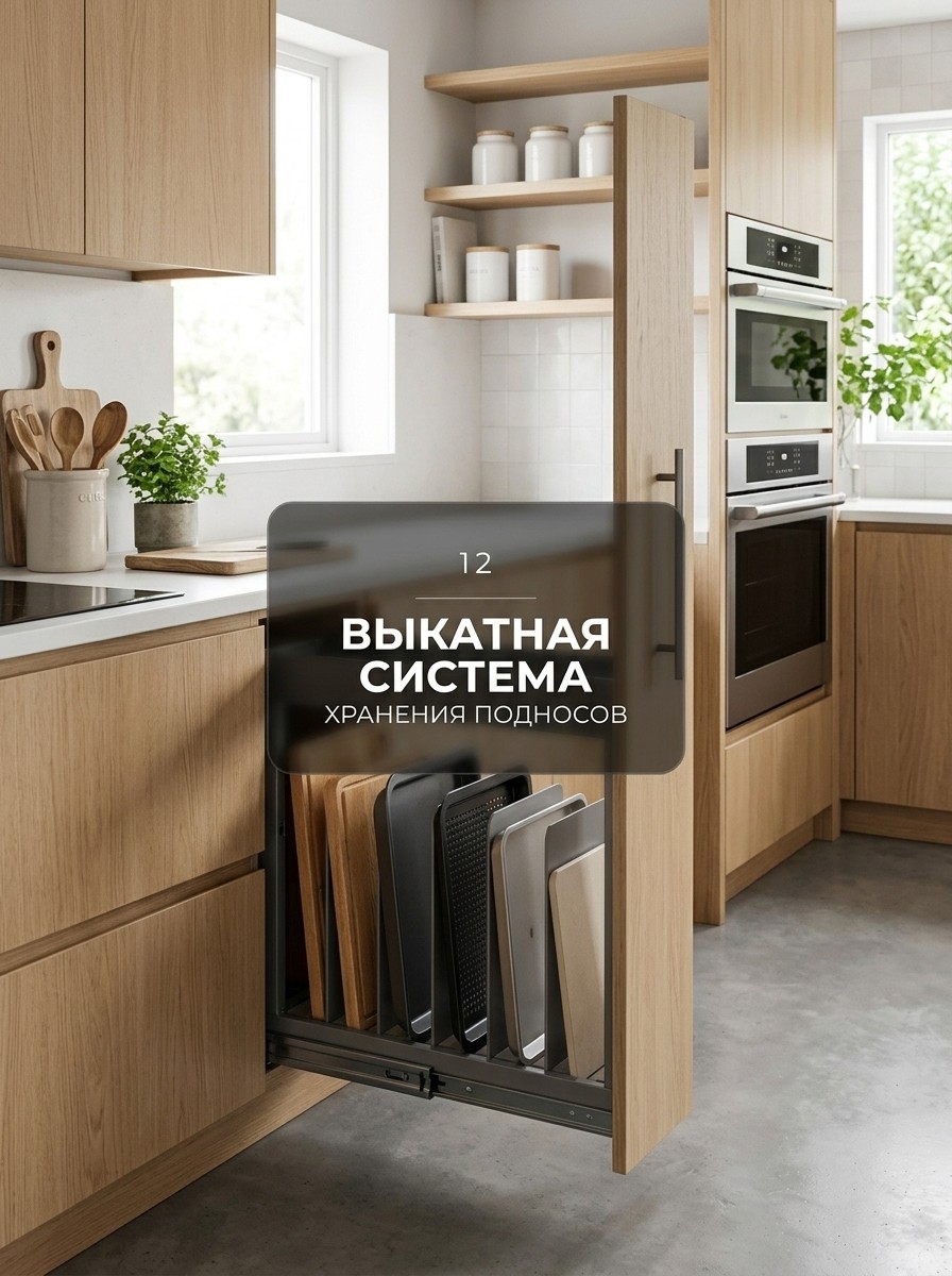 Вертикальное хранение противней и подносов в узкой выкатной колонне
