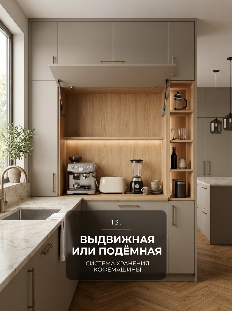 Шкаф для кофемашины с подъемным фасадом на газлифтах и подсветкой