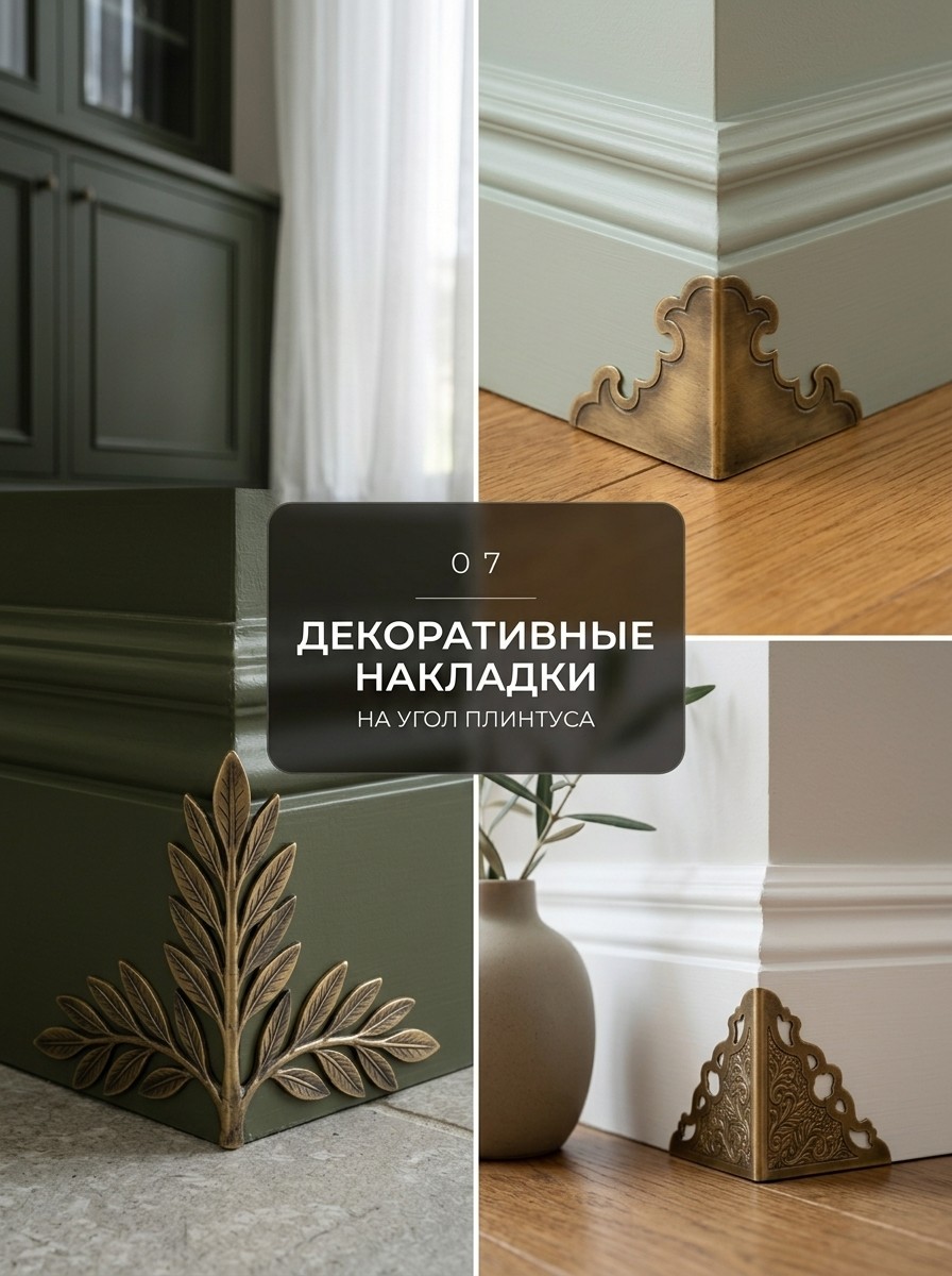 Декоративные накладки на плинтус: латунный лист, завиток и ажурный уголок на окрашенных плинтусах