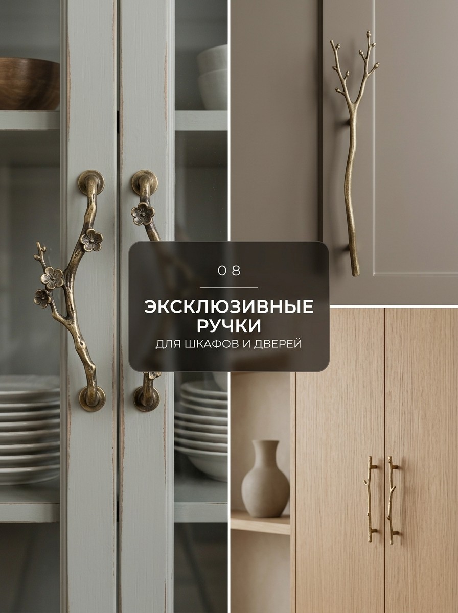 Ручки для шкафов из латуни в виде веток сакуры и дерева на светлых фасадах